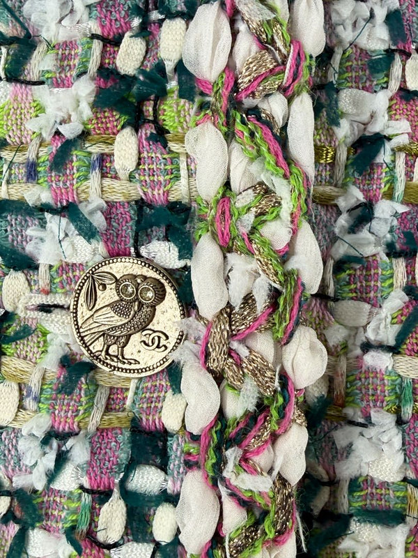 Chanel Fantasy Tweed Jacket Coat Size 50 Multicolor Silk Lined Owl Buttons