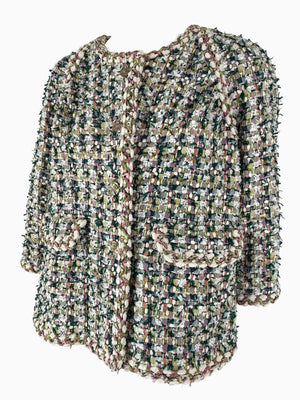Chanel Fantasy Tweed Jacket Coat Size 50 Multicolor Silk Lined Owl Buttons