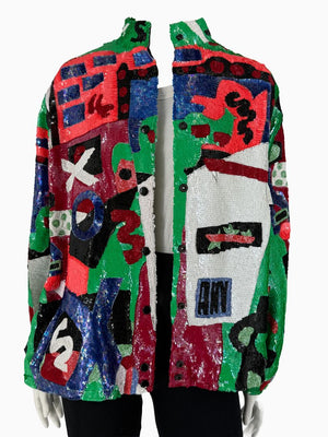 Vintage Jeannette for St. Martin Abstract Art Sequin Jacket | Hand-Beaded Statement Jacket | Size M