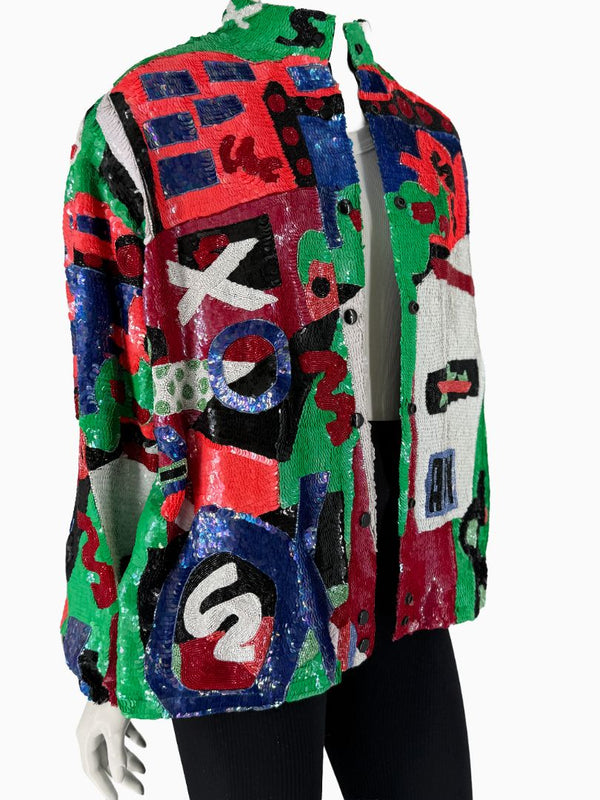 Vintage Jeannette for St. Martin Abstract Art Sequin Jacket | Hand-Beaded Statement Jacket | Size M