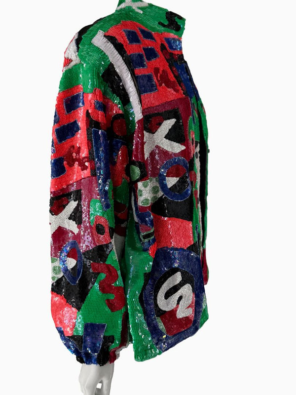Vintage Jeannette for St. Martin Abstract Art Sequin Jacket | Hand-Beaded Statement Jacket | Size M