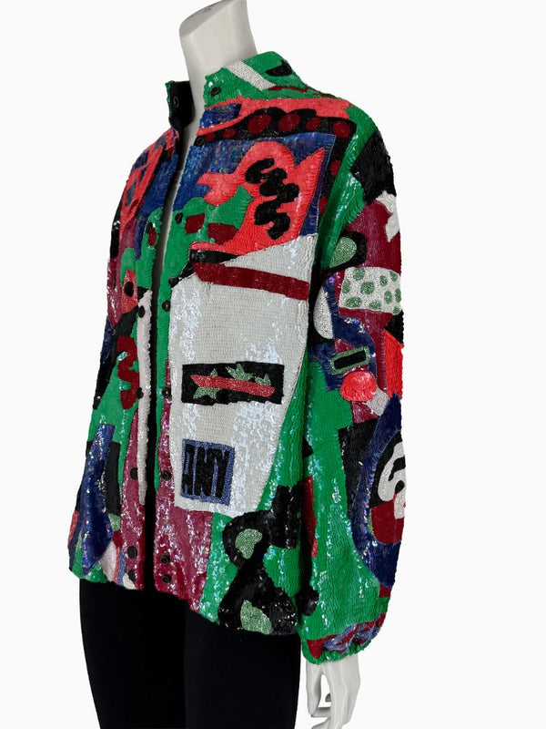 Vintage Jeannette for St. Martin Abstract Art Sequin Jacket | Hand-Beaded Statement Jacket | Size M