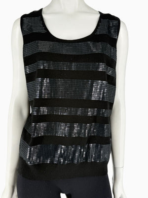 St. John Black Sequin Stripe Knit Twin Set | Zip Cardigan & Shell Tank | Size Large