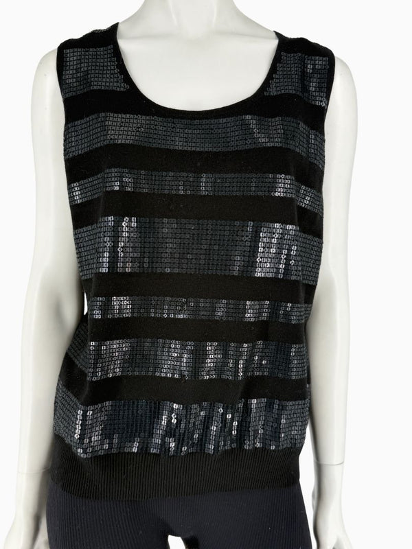 St. John Black Sequin Stripe Knit Twin Set | Zip Cardigan & Shell Tank | Size Large