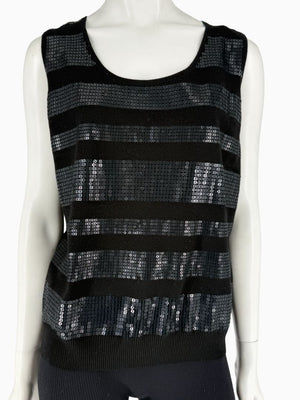 St. John Black Sequin Stripe Knit Twin Set | Zip Cardigan & Shell Tank | Size Large