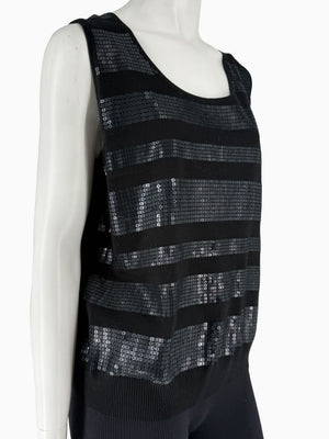 St. John Black Sequin Stripe Knit Twin Set | Zip Cardigan & Shell Tank | Size Large
