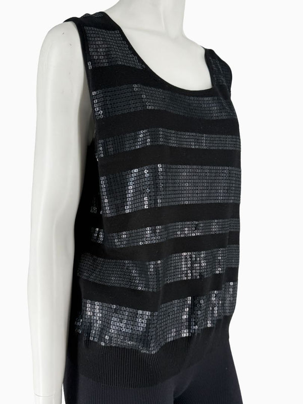 St. John Black Sequin Stripe Knit Twin Set | Zip Cardigan & Shell Tank | Size Large
