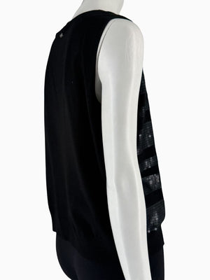 St. John Black Sequin Stripe Knit Twin Set | Zip Cardigan & Shell Tank | Size Large