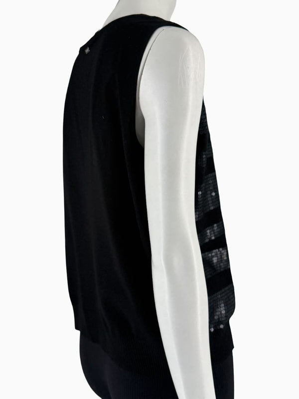 St. John Black Sequin Stripe Knit Twin Set | Zip Cardigan & Shell Tank | Size Large
