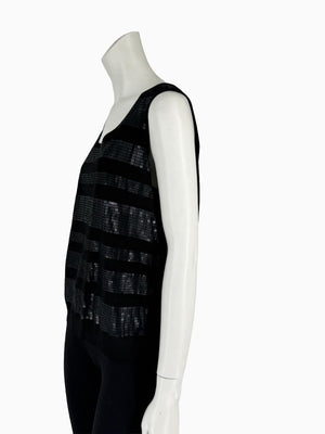 St. John Black Sequin Stripe Knit Twin Set | Zip Cardigan & Shell Tank | Size Large