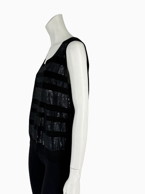 St. John Black Sequin Stripe Knit Twin Set | Zip Cardigan & Shell Tank | Size Large