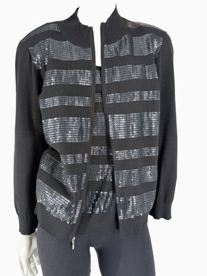 St. John Black Sequin Stripe Knit Twin Set | Zip Cardigan & Shell Tank | Size Large
