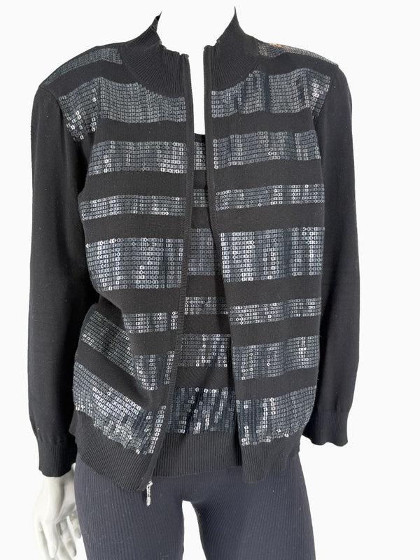 St. John Black Sequin Stripe Knit Twin Set | Zip Cardigan & Shell Tank | Size Large