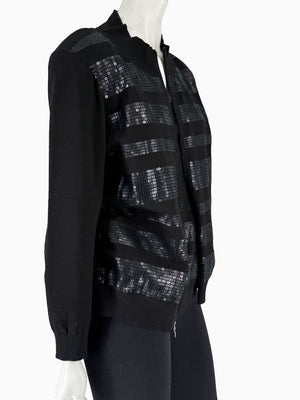 St. John Black Sequin Stripe Knit Twin Set | Zip Cardigan & Shell Tank | Size Large