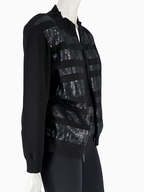 St. John Black Sequin Stripe Knit Twin Set | Zip Cardigan & Shell Tank | Size Large