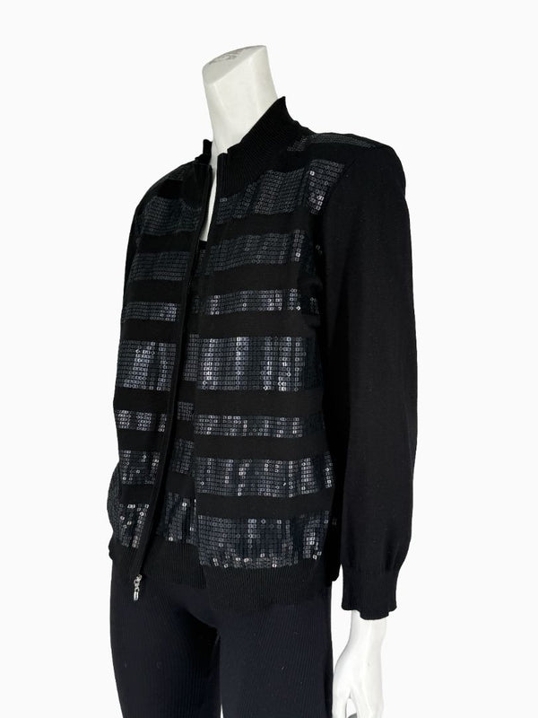 St. John Black Sequin Stripe Knit Twin Set | Zip Cardigan & Shell Tank | Size Large