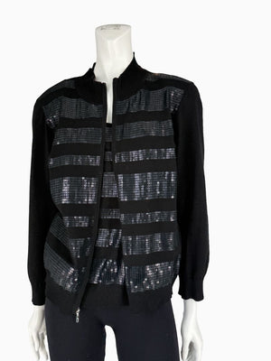 St. John Black Sequin Stripe Knit Twin Set | Zip Cardigan & Shell Tank | Size Large