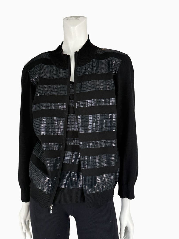 St. John Black Sequin Stripe Knit Twin Set | Zip Cardigan & Shell Tank | Size Large