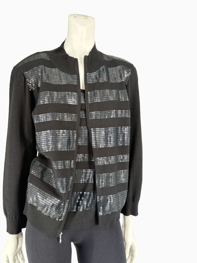 St. John Black Sequin Stripe Knit Twin Set | Zip Cardigan & Shell Tank | Size Large