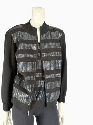 St. John Black Sequin Stripe Knit Twin Set | Zip Cardigan & Shell Tank | Size Large