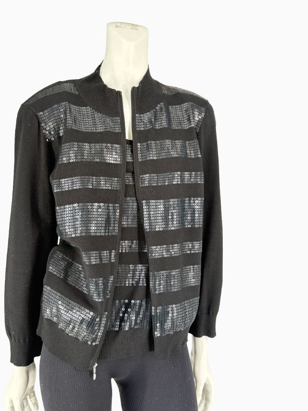 St. John Black Sequin Stripe Knit Twin Set | Zip Cardigan & Shell Tank | Size Large