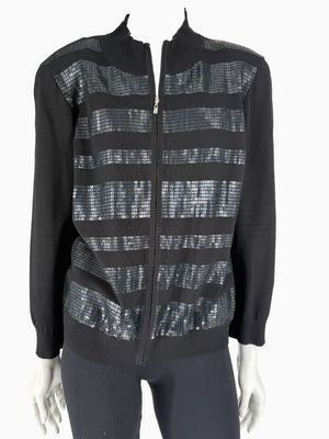 St. John Black Sequin Stripe Knit Twin Set | Zip Cardigan & Shell Tank | Size Large