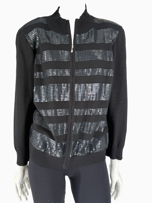 St. John Black Sequin Stripe Knit Twin Set | Zip Cardigan & Shell Tank | Size Large