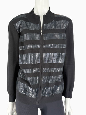 St. John Black Sequin Stripe Knit Twin Set | Zip Cardigan & Shell Tank | Size Large