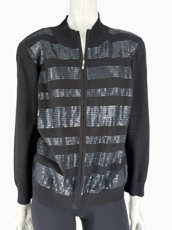 St. John Black Sequin Stripe Knit Twin Set | Zip Cardigan & Shell Tank | Size Large