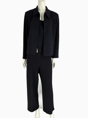 St. John Black Santana Knit 3-Piece Pant Suit – Jacket Size 14 | Shell Size L | Pants Size 18