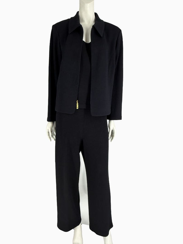 St. John Black Santana Knit 3-Piece Pant Suit – Jacket Size 14 | Shell Size L | Pants Size 18