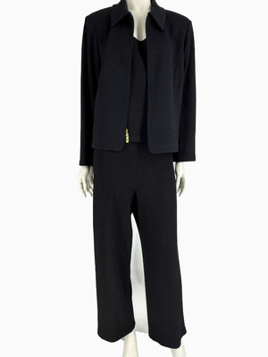 St. John Black Santana Knit 3-Piece Pant Suit – Jacket Size 14 | Shell Size L | Pants Size 18
