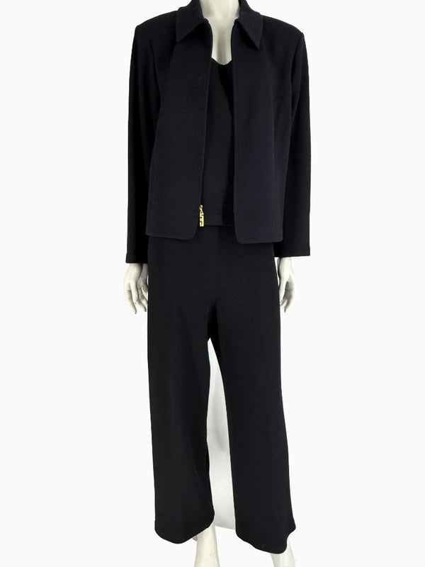 St. John Black Santana Knit 3-Piece Pant Suit – Jacket Size 14 | Shell Size L | Pants Size 18