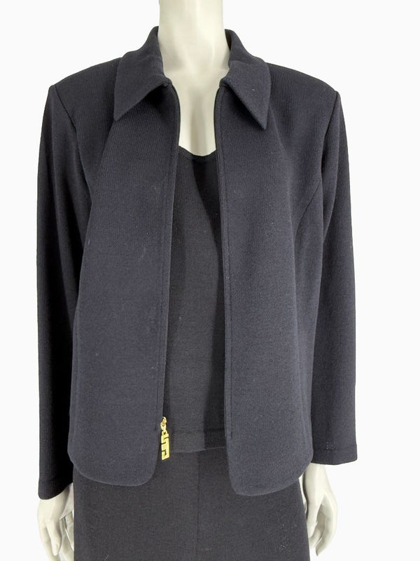 St. John Black Santana Knit 3-Piece Pant Suit – Jacket Size 14 | Shell Size L | Pants Size 18