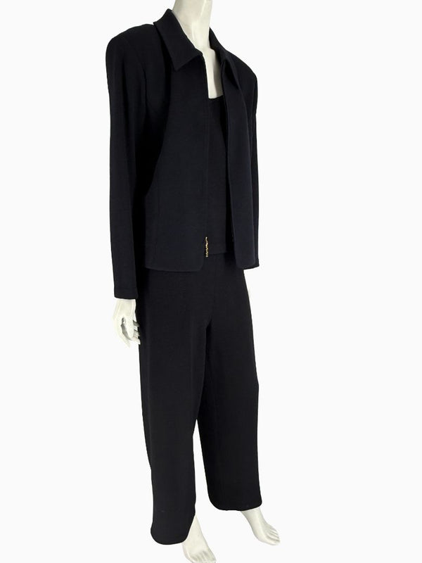 St. John Black Santana Knit 3-Piece Pant Suit – Jacket Size 14 | Shell Size L | Pants Size 18