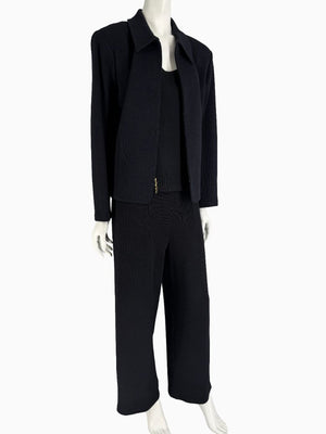 St. John Black Santana Knit 3-Piece Pant Suit – Jacket Size 14 | Shell Size L | Pants Size 18