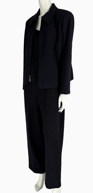 St. John Black Santana Knit 3-Piece Pant Suit – Jacket Size 14 | Shell Size L | Pants Size 18