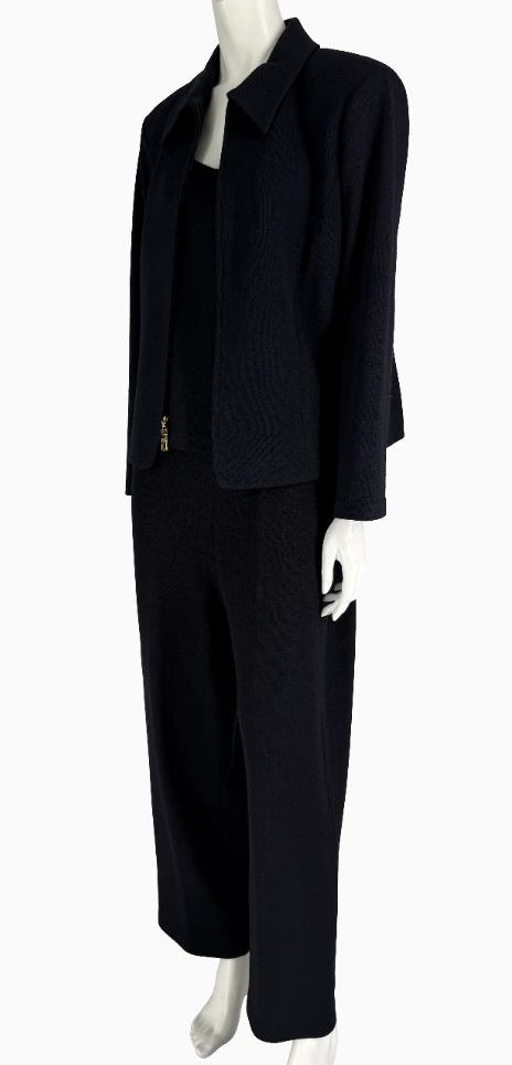 St. John Black Santana Knit 3-Piece Pant Suit – Jacket Size 14 | Shell Size L | Pants Size 18