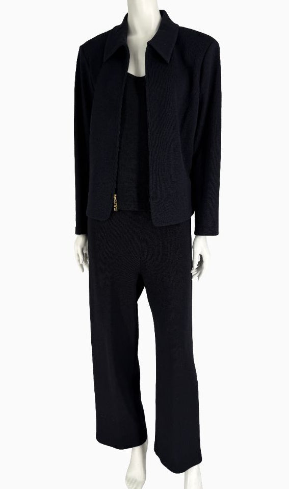 St. John Black Santana Knit 3-Piece Pant Suit – Jacket Size 14 | Shell Size L | Pants Size 18