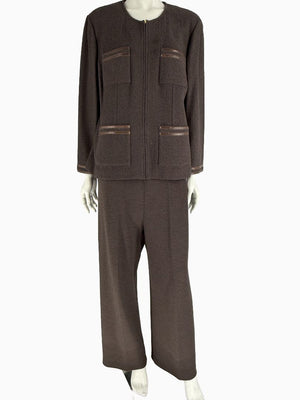 St. John Chocolate Brown Santana Knit 3-Piece Pant Set – Jacket, Tank & Pants Large/14