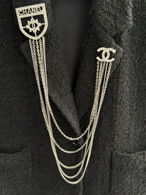 Chanel Baguette Crystal CC Shield Multi-Strand Long Chain Brooch Silver 15B w/ Box, Case & Tag