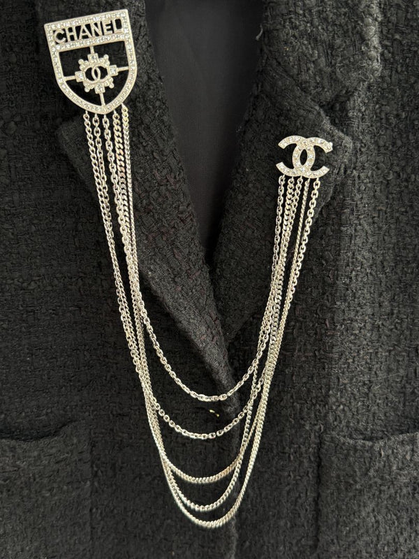 Chanel Baguette Crystal CC Shield Multi-Strand Long Chain Brooch Silver 15B w/ Box, Case & Tag