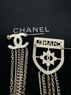 Chanel Baguette Crystal CC Shield Multi-Strand Long Chain Brooch Silver 15B w/ Box, Case & Tag