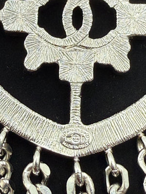 Chanel Baguette Crystal CC Shield Multi-Strand Long Chain Brooch Silver 15B w/ Box, Case & Tag