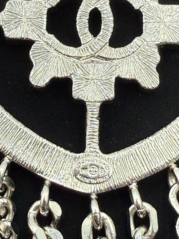 Chanel Baguette Crystal CC Shield Multi-Strand Long Chain Brooch Silver 15B w/ Box, Case & Tag