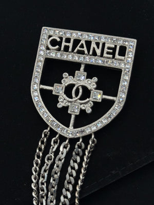 Chanel Baguette Crystal CC Shield Multi-Strand Long Chain Brooch Silver 15B w/ Box, Case & Tag