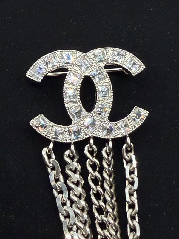 Chanel Baguette Crystal CC Shield Multi-Strand Long Chain Brooch Silver 15B w/ Box, Case & Tag