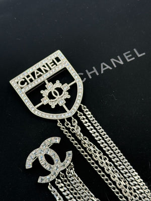 Chanel Baguette Crystal CC Shield Multi-Strand Long Chain Brooch Silver 15B w/ Box, Case & Tag