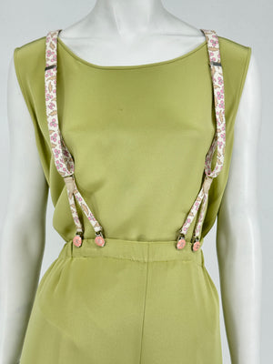 Chanel *Rare* printed suspenders with pink enamel CC logo clips — includes Chanel box
