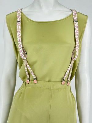 Chanel *Rare* printed suspenders with pink enamel CC logo clips — includes Chanel box